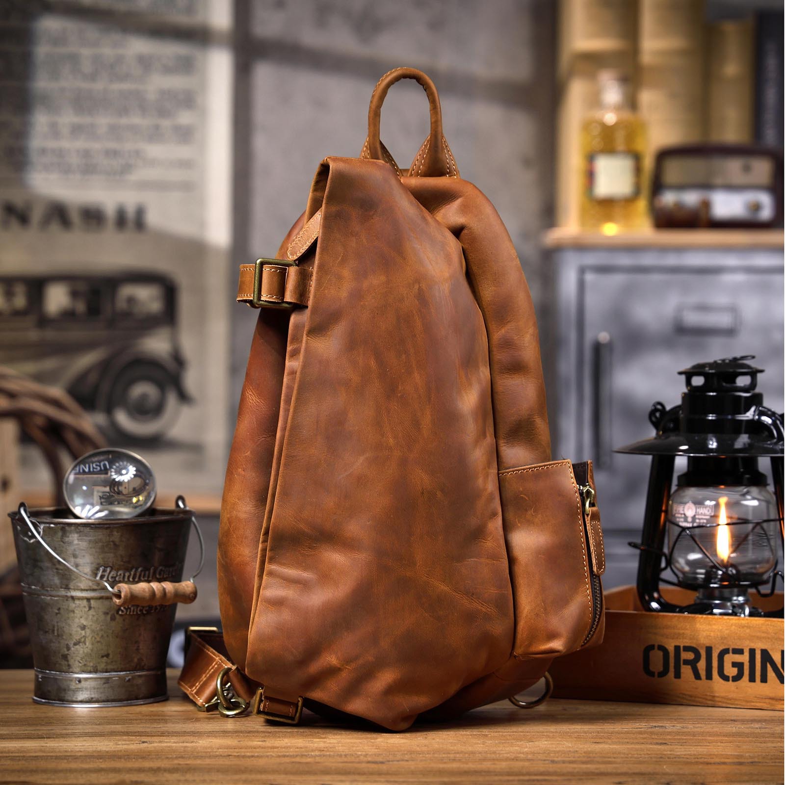 Travel Organizer Men - กระเป๋าหนังวินเทจทรงออร์แกไนเซอร์ ดีไซน์หนังวัวแท้ลาย Crazy Horse สำหรับผู้ชาย ขนาดใหญ่